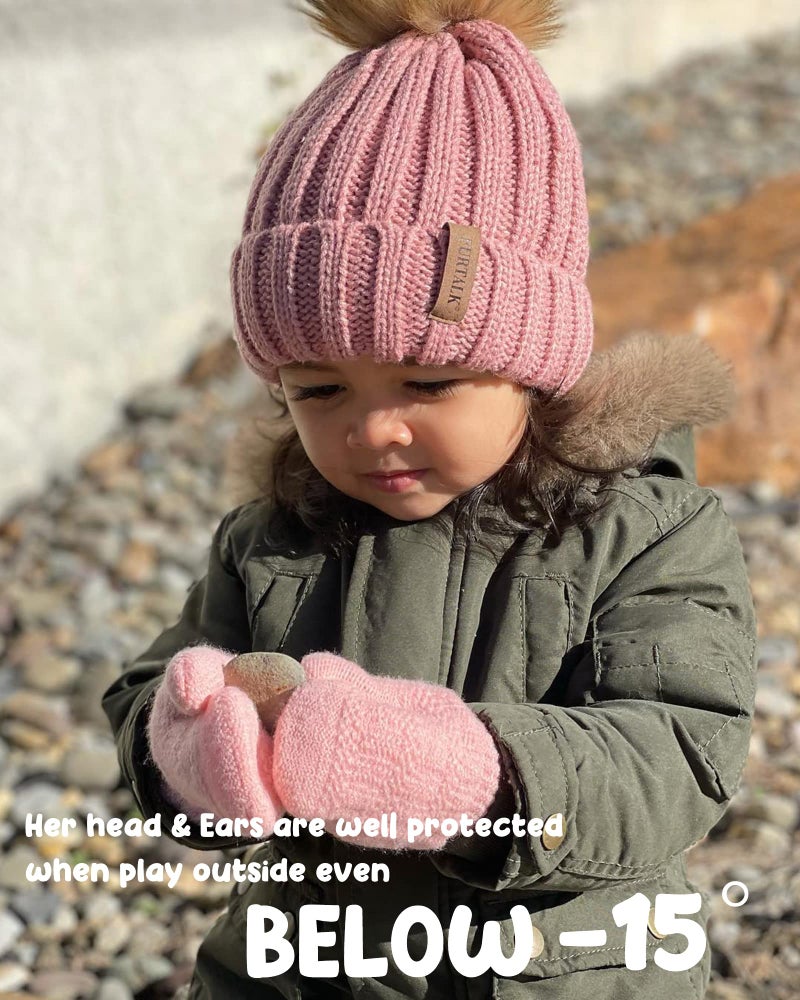 FURTALK Kids Winter Hat Toddler Knitted Beanie with Faux Fur Pom Poms for Baby Girls Boys Pink with Pink Pom,3-24 Months - Image 4